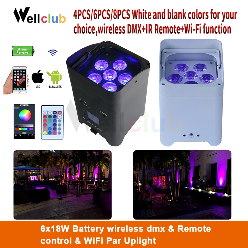 

4pcs/6pcs/8pcs WIFI Wireless dmx Battery Uplighting RGBWA UV 6 IN 1 LED Par Can light with Remote Wash Light Wedding Uplight