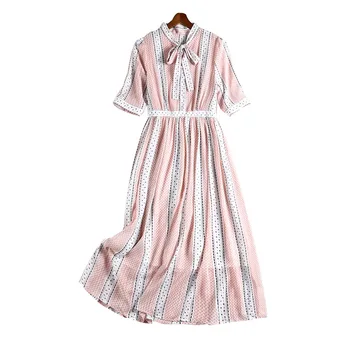 

Plus Size Dress for Women 4xl 5xl 6xl Spring Summer 2020 Casual Striped Printed Bow Collar Short Sleeve Pleated Chiffon Dress