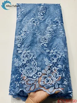 

Alisa latest sky blue african tulle lace fabric embroidery with beads and stones 5 yards/pcs french net laces fabrics for sewing