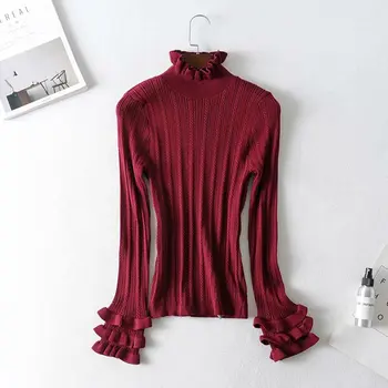 

Women's Autumn Europe style pullovers base sweater Female casual solid color stringy selvedge chic turtleneck Tops TB3916