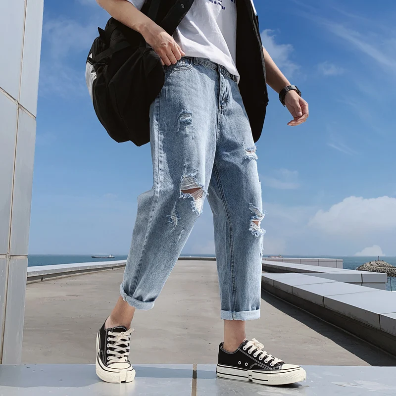 Great Value Summer Jeans Men's Fashion Washed Solid Color Casual Ripped Jean Pants Men Streetwear Wild Loose Hip Hop Denim Trousers Mens