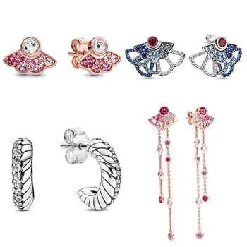 

New 925 Sterling Silver Earring Pink Dazzling Lucky Fans Snake Chain Pattern Hoop Earring For Women Gift Europe Jewelry