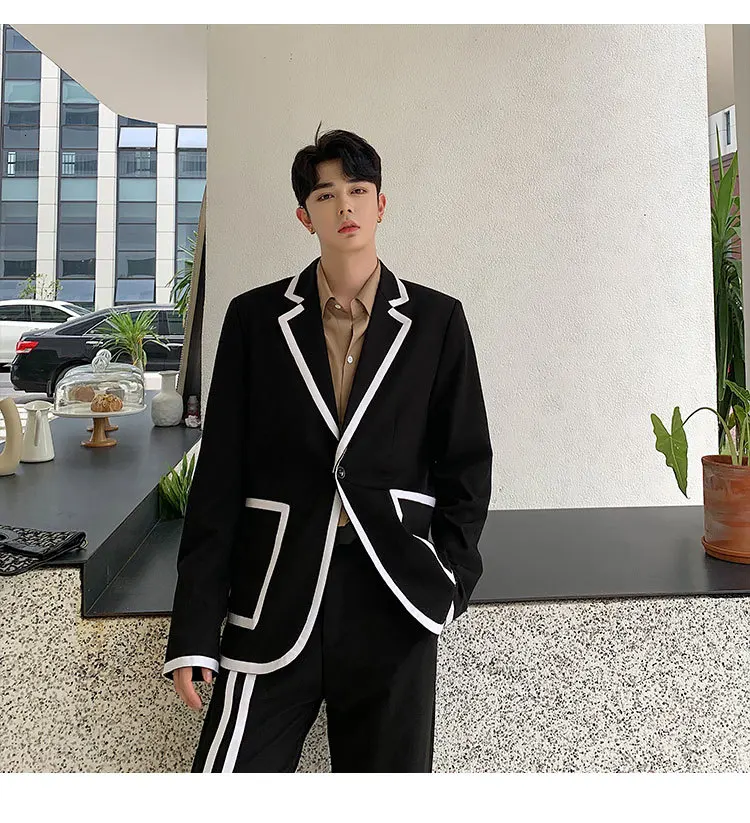 Male Street Clothes Hip Hop Stripe Splicing Casual Tuxedo Blazer Suit Jacket Pants Warm Clothes 2 Pieces Suits Sets Hombres