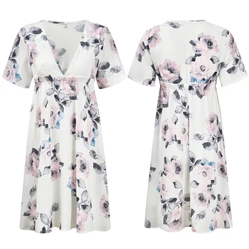 

Floral Prints Causal Fashion Short Sleeve Summer Large Swing Holiday Women Dress Gift Maternity Pregnant Slim Waist V Neck