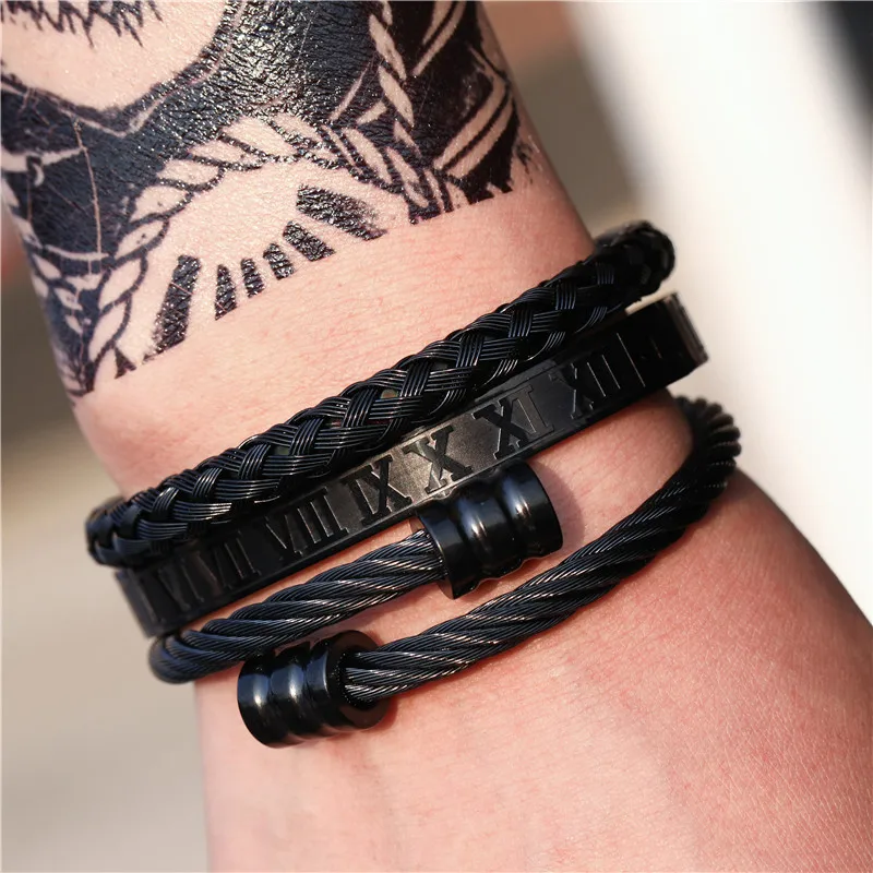 3Pcs/Set Gold Silver Color stainless steel Braided bracelet, Roman numeral dark punk heavy metal bracelet For Men Women Gift bracelet jewelry