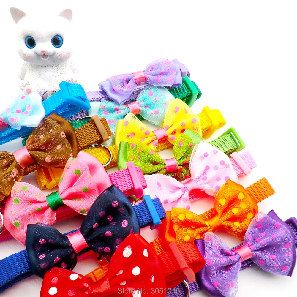 24pcs Easy Wear Cat Dog Pet Bow Collar with Bell Adjustable Cat Puppy Pet Supplies Accessories Small Dog Chihuahua Buckle tag