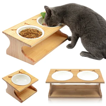 

Elevated Tilted Pets Bowls with Wooden Stand Pet Feeder for Pet Cats Dogs DNJ998