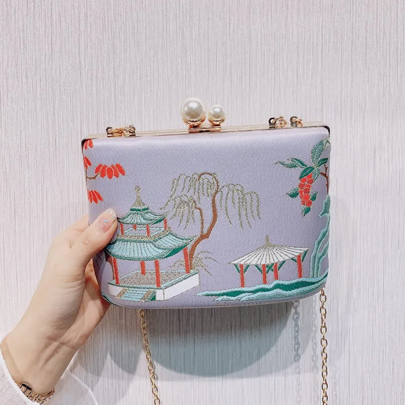 Embroidery Design Large Capacity Women Clutch Evening Bags Gold Chain Shoulder Bags Girls Handbags Purses For Ladies Party Bags