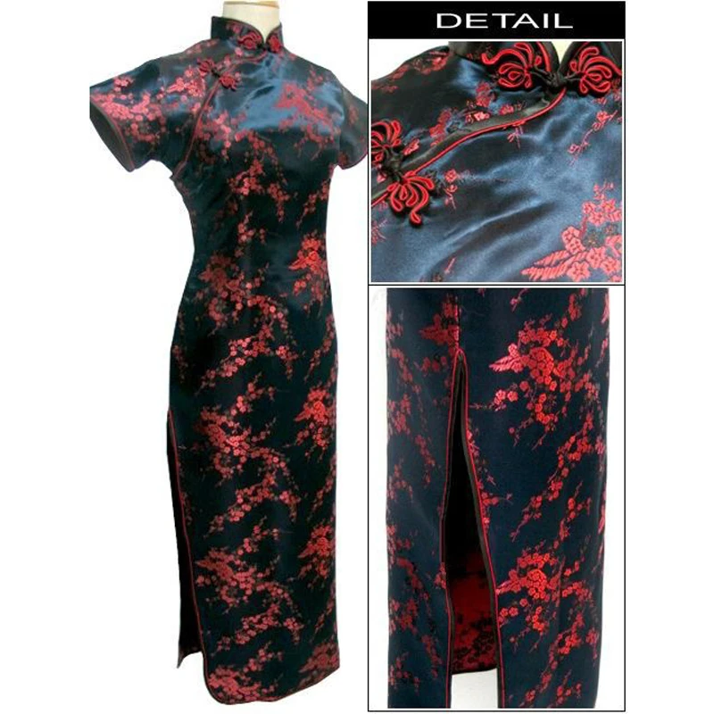 Длинное китайское традиционное женское платье Ципао в стиле ретро черного и