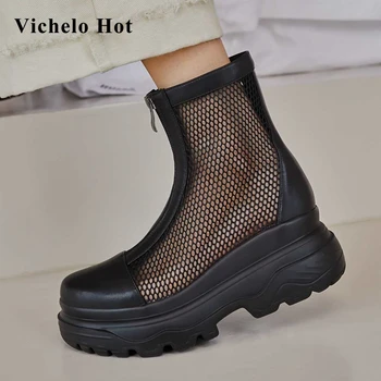 

Vichelo Hot real leather air mesh breathable thick bottom platform round toe high square heels zipper nightclub ankle boots L11