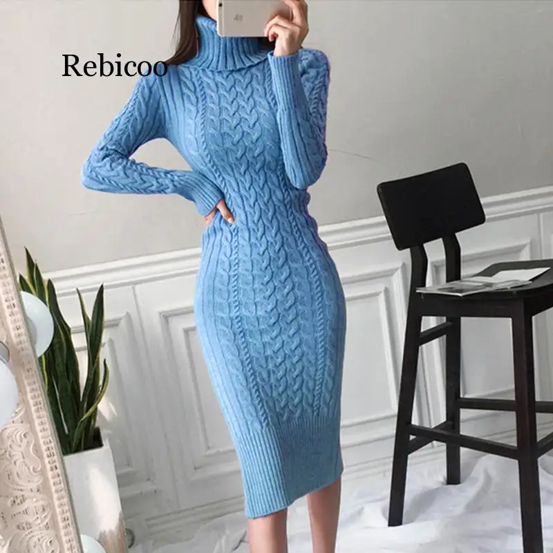 

New Spring Autumn Sweater Dress Women Sexy Slim Bodycon Dress Female Turtleneck Long Sleeve Knitted Dress Vestidos