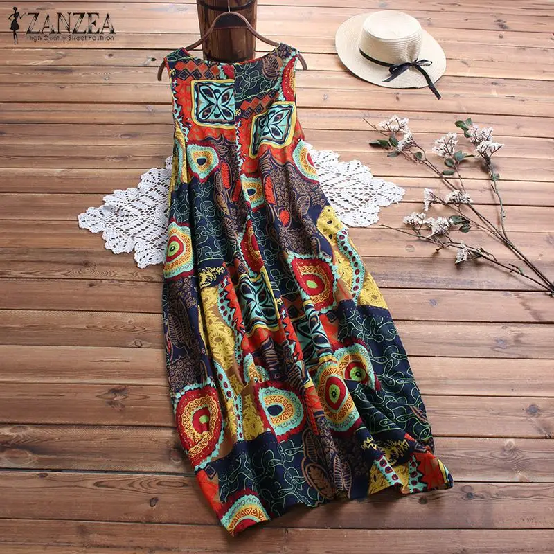 ZANZEA винтажное длинное платье макси с принтом Vestidos женское хлопковое льняное платье из 2 предметов повседневное мешковатое платье с карманами Vestido высококачественное Платье с принтом