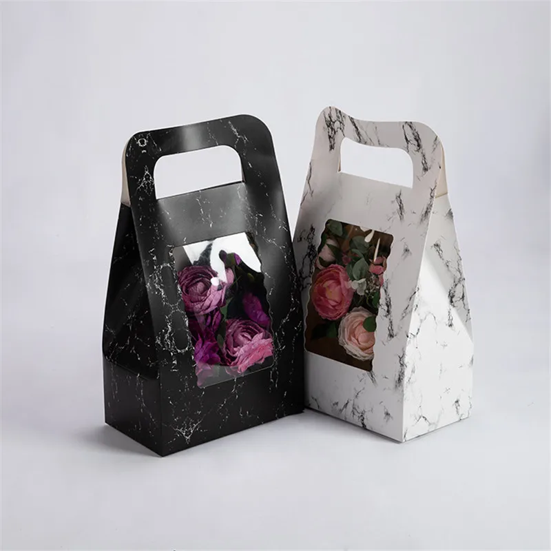 

50pcs/lot Hand-Held Flower Box marbled Paper Basket Florist Bouquet Packaging box Carton Carry Flowers