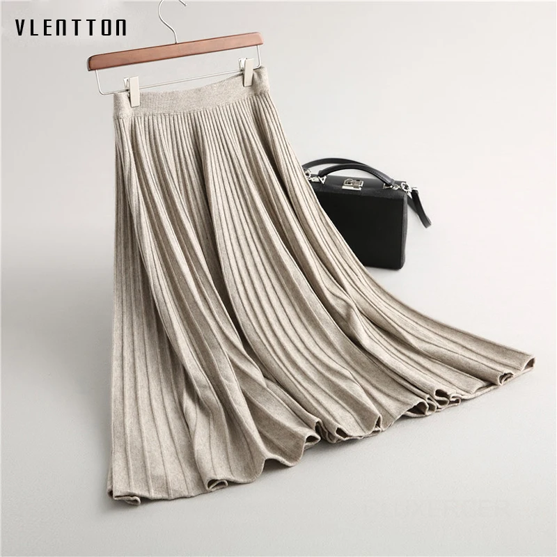 

Autumn Winter Fashion Vintage Knitted Pleated Skirt Women Elegant Office High Waist A-Line Casual Long Skirts Female Saia