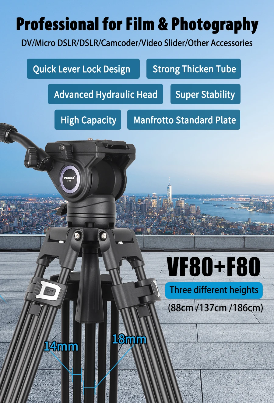 Description Picture 2 of itemINNOREL VF80 Professional Heavy Video Aluminum Tripod with Hydraulic Fluid Head F80 For DSLR Camera Camcorder Slider 12kg Load