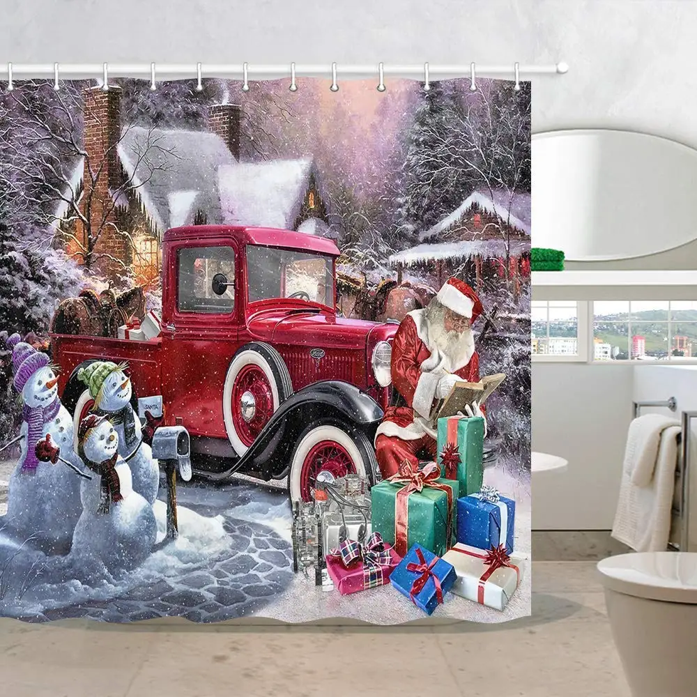 Рождественские Зимние занавески для душа Санта-Клаус Снеговик с подарком в деревенском рождественском автомобиле грузовик