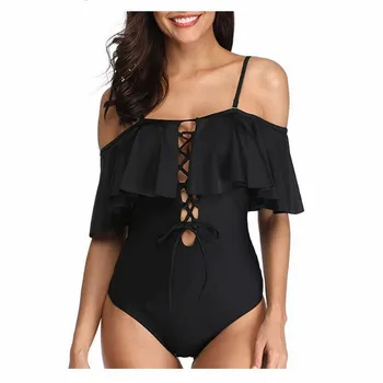 

2020 Set Swimsuit Women's Nylon Section Solid Color Backless Ruffled Set Shoulder Strap Sexy Tether Bikini