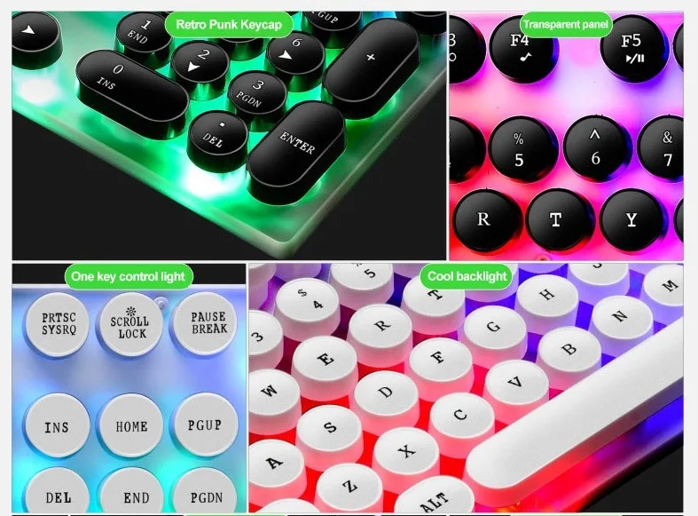 Teclado mecánico Punk con cable para videojuegos, periférico Retro retroiluminado con botón flotante, color blanco y negro, para PC y portátil, 104 teclas - Imagen 4