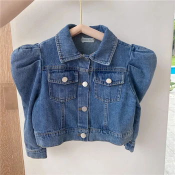 

Spring Autumn Girls Denim Jacket Baby Coat Children Outwear Kids Streetwear Clothes Fashion Pleated Bubble Sleeve 1 To 7 Yrs