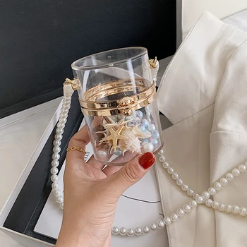 

Transparent Mini PU Leather Crossbody Bags For Women 2020 Box Shoulder Handbags Female Travel Pearl Shoulder Belt Purses