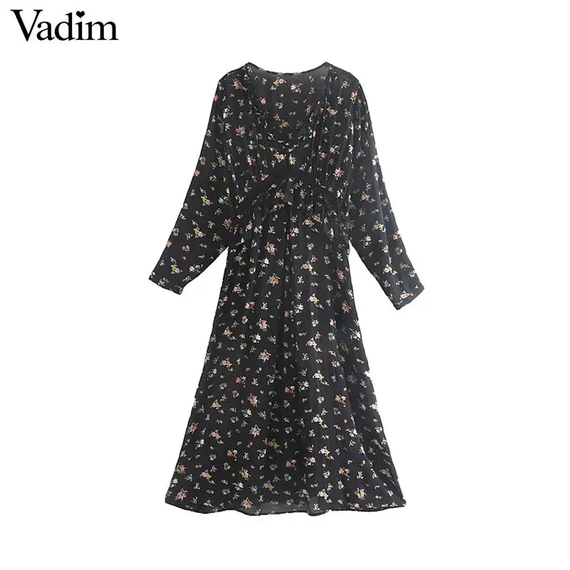 Vadim women retro ruffled floral pattern midi dress V neck hollow out lace patchwork long sleeve female mid calf dresses QC644 | Женская