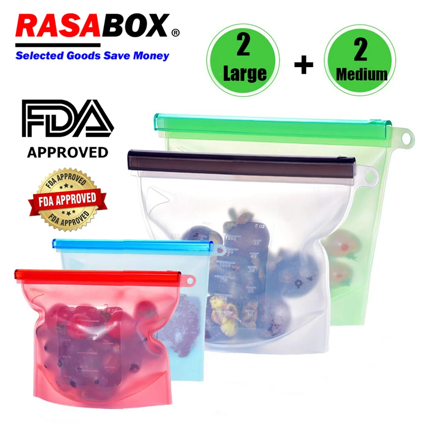 

RASABOX - Food Storage & Organization Sets, Reusable Silicone Bags, Freezer for Snack Lunch Sandwich, Cooking Containers