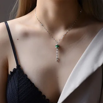 

Elegant green crystal cylinder pendant necklace for women jewelry, simple gold plated stainless steel tassel necklaces female