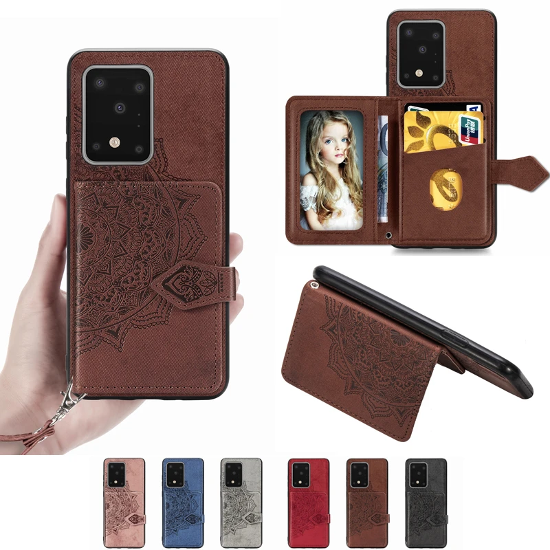 

Credit Card Holder Wallet Back Phone Case for Funda Samsung S20 Ultra S7 S8 S9 S10 S20 Plus Note 10+ 8 9 Fabric Mandala Cover
