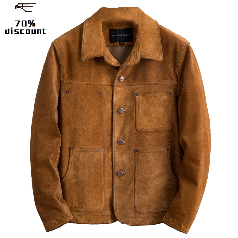 

2020 Brown Men Casual Leather Jacket Plus Size XXXXL Genuine Cowhide Suede Russian Autumn Slim Fit Leather Jacket FREE SHIPPING
