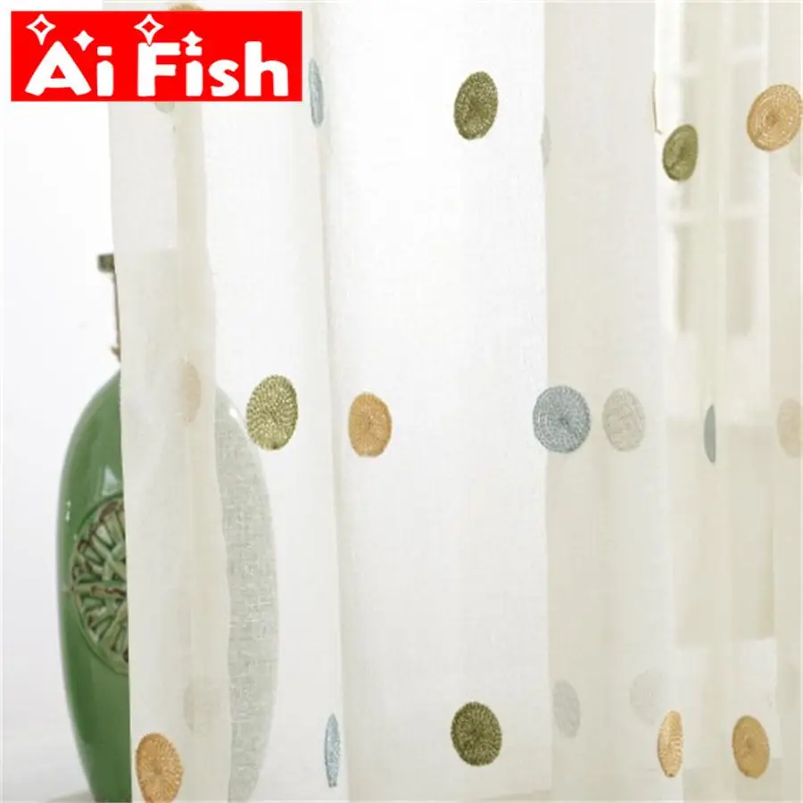 Sheer Curtains Window-Screen Circle Embroidery Linen Tulle Bedroom Living-Room White