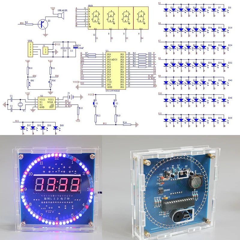 K orologio digale elettronico fai-da-te Rotazione del controllo della luce Set di strumenti per visualizzazione della temperatura e dell'ora a LED digale per la pratica della saldatura  1420
