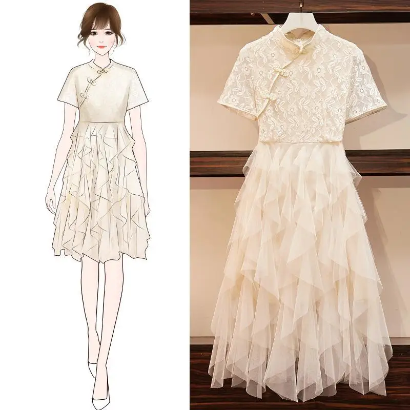 Champagne Plus Size Elegant Lace Cheongsam Crochet Party Dress Women Summer Bodycon Fit Flare Layer Ruffle Irregular Mesh Midi Dresses 5XL - Цвет: Champagne