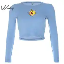 Weekeep вышивка с длинным рукавом Футболка для женщин Обрезанные Bodycon Весна Осень Повседневная футболка Femme Топы