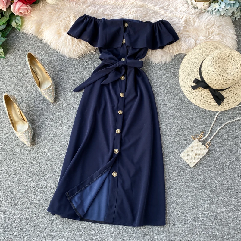 Boho, винтажное, с пуговицами, с оборками, сексуальное, с открытыми плечами, Бандажное, миди, длинное платье, летние, вечерние, для женщин, для пляжа, ТРАПЕЦИЕВИДНОЕ, элегантное, платье-туника