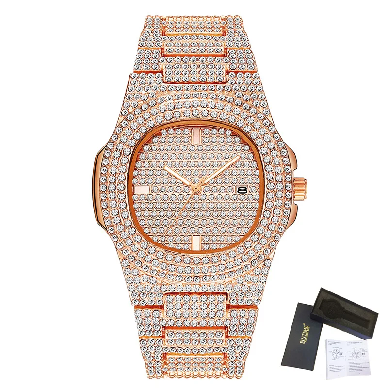 Relogio Masculino, мужские часы, лучший бренд, Роскошные, с бриллиантами, Iced Out, кварцевые наручные часы, золото, дата, часы, reloj hombre zegarek meski - Цвет: Men-Rose Gold-Box
