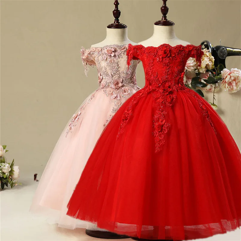 Длинное платье с цветочным узором для девочек, украшения бисером, свадебное платье для девочек, длинное бальное платье без Плеч