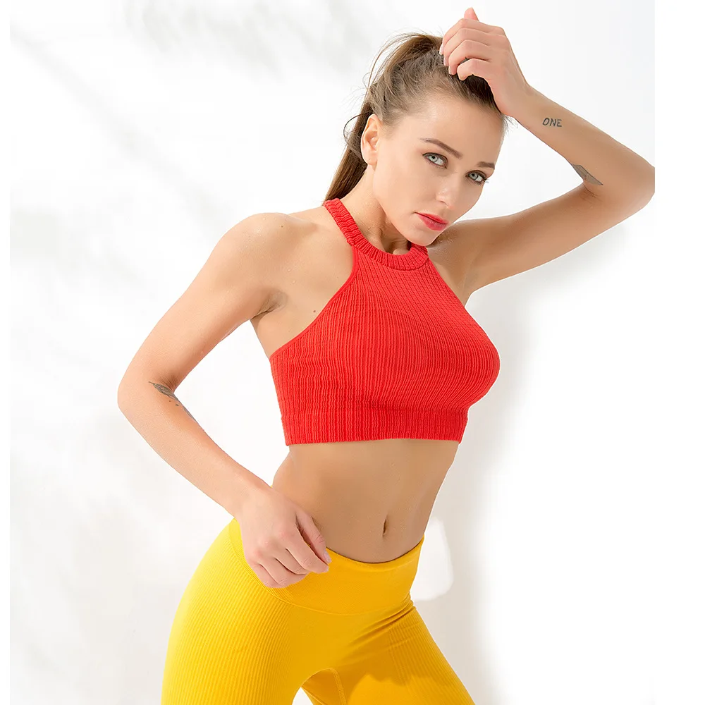 Бесшовный Ребристый спортивный жилет, подвешивающее шею нижнее белье для женщин, фитнес-тренировки, активная одежда, спортивные топы для спортзала, бега, сексуальный укороченный жилет - Цвет: Красный
