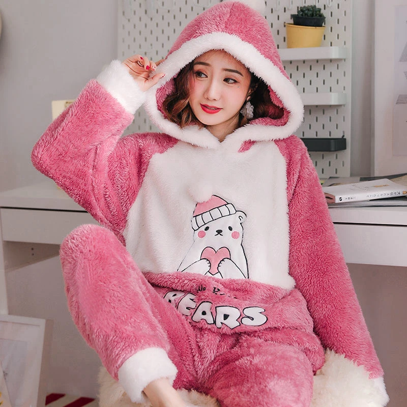 Roupa de dormir feminina Kawaii Flanela conjunto de pijama feminino inverno  veludo manga longa roupas quentes para casa Anime pijama para jovem