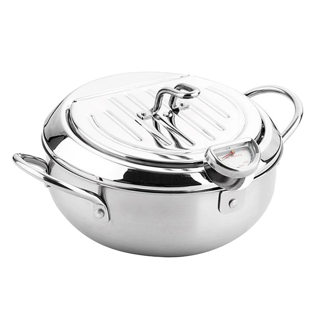 Kitchen Cooking Pot Deep Frying Pot Tempura Fryer Pan Temperature Controllable with Oil Drainage Rack in Lid