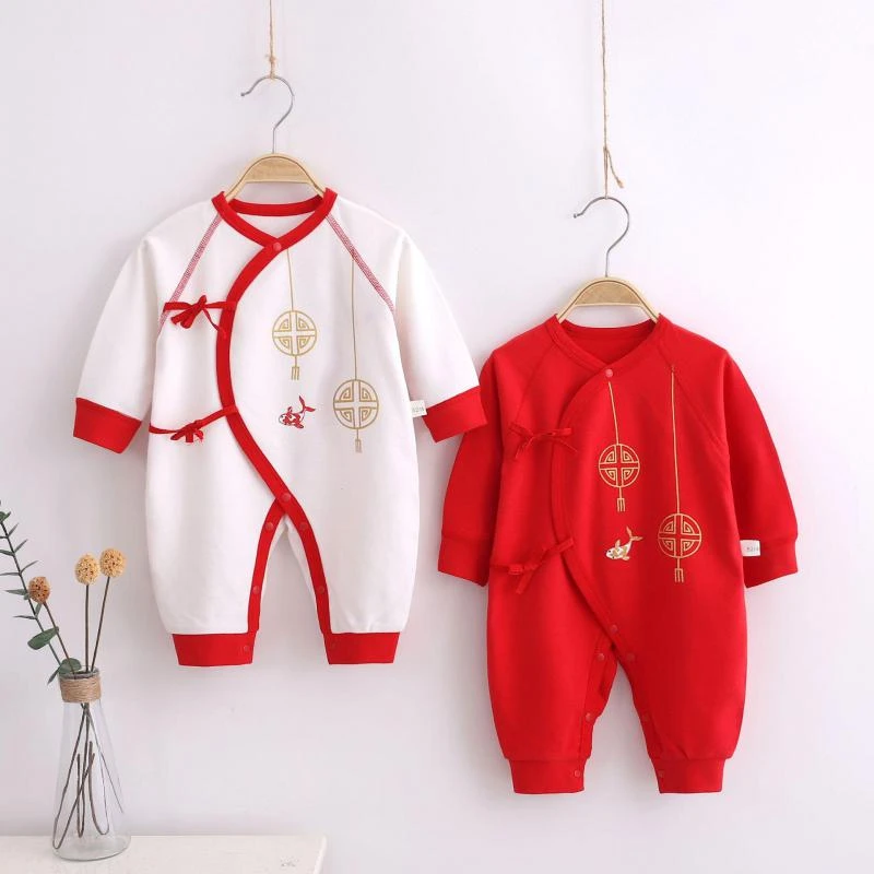 2022 New Year Baby Girls Clothes Autumn And Spring Cotton Rompers For Boys Newborn 0-6m Chinese Style Red Climbing Jumpsuits Ins Newborn Knitting Romper Hooded 
