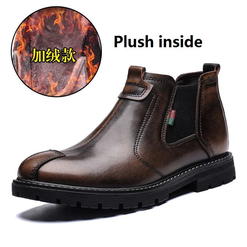 Chelsea Boots Men Winter Shoes Black Split Leather Thick sole Mens Footwear Warm Plush nonslip snow boots size 38-44 Walker peak - Цвет: Plush inside Brown