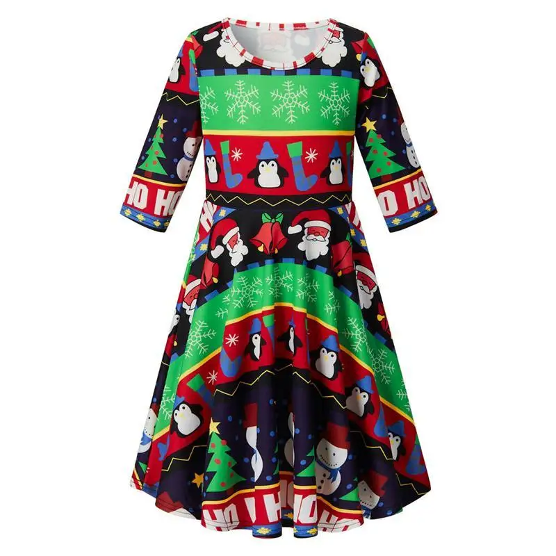 

Fashion Girls Dress Christmas Half Sleeve Cute Animal Print One Piece Family Party Princess Dress For Girls