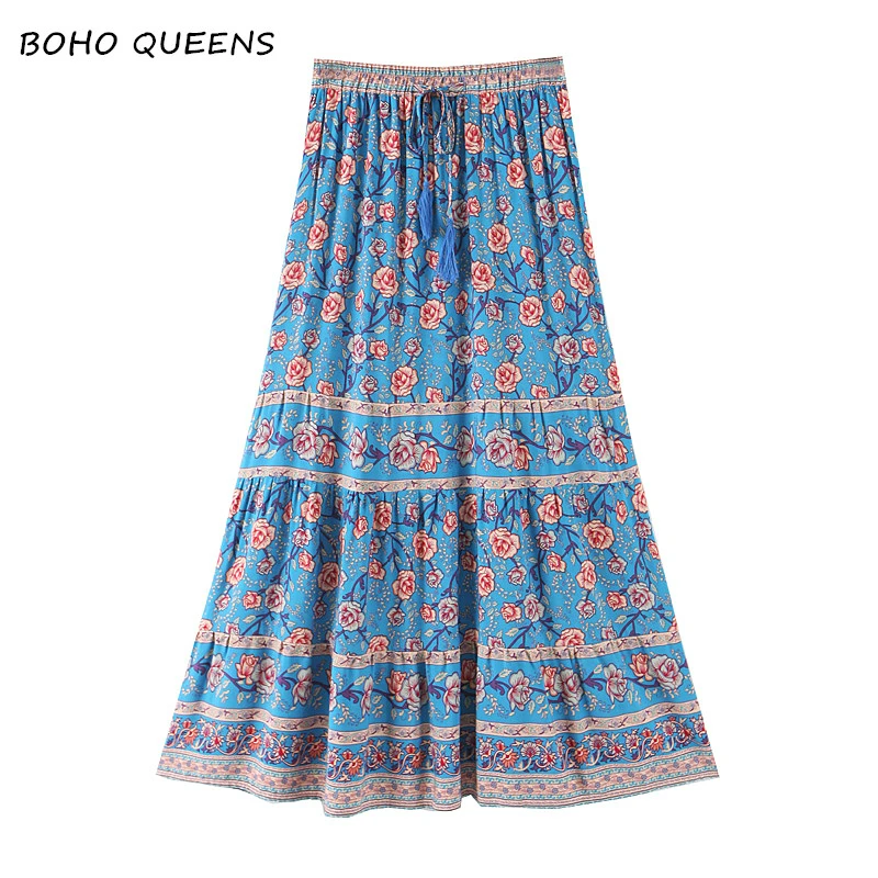 Летняя мода Boho шикарная Женская пляжная богемная юбка с цветочным принтом высокая эластичная талия вискоза А-силуэт Boho макси юбки Femme - Цвет: blue
