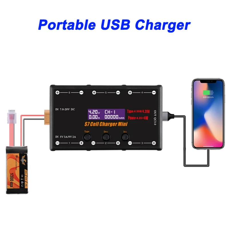 2019 с микро-S7 1S Батарея Зарядное устройство 6-канальный красочные Экран 4,35 W LiPO/LiHV модель Батарея аксессуары