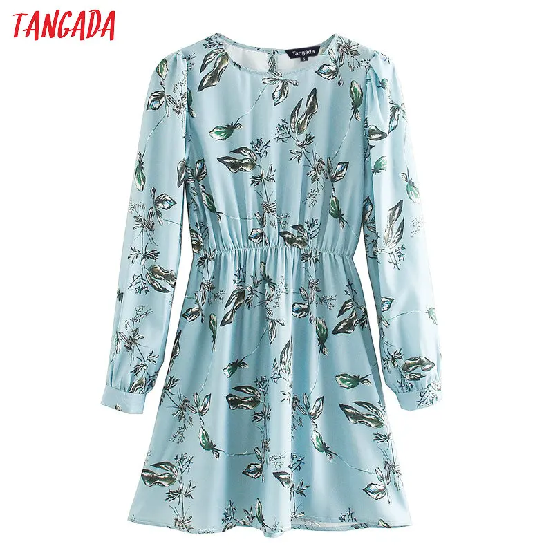 

Tangada women elegant leaf print blue dress o neck long sleeve 2020 korean fashion office lady mini dresses vestido XN436