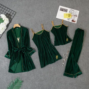 

Green Lace Young Lady Sleep Set 4PCS Pajamas Set Women Lounge Casual Velour Nightwear With Belt Long Sleeve Robe&nighty