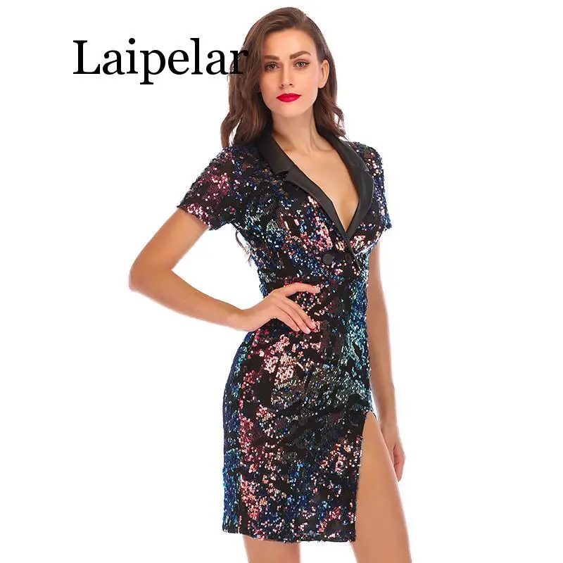 

Fashion Sexy Sequin Summer Dress Women Vestidos 2020 Notched V neck Colorful Bling Luxury Nightclub Womens Party Dresses