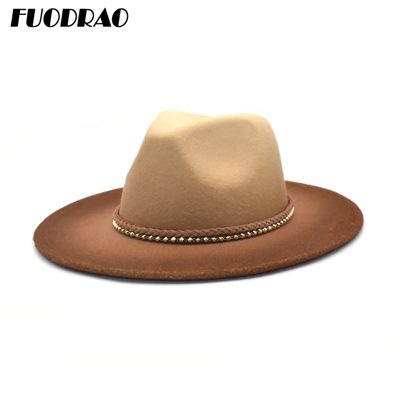 

FUODRAO New Fedora Hat Women Large Brim Autumn Winter Wool Bowler Hat Gradient Color Panama Vintage Jazz Cap Men Wholesale D10