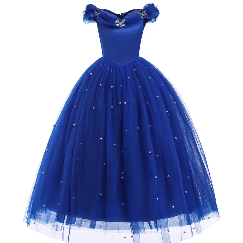 Детское модное летнее платье для девочек; Костюм Золушки; костюм принцессы с жемчужинами, кристаллами и аппликацией бабочки; синее бальное платье; костюм на Хэллоуин - Цвет: Navy