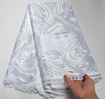 

Latest White Tulle Lace Fabric High Quality Europe And American Fashion Fabric With Beads Stone French Net lace Fabrics AS5-854